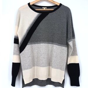 100 Cashmere Colorblock Geo Sweater Grey Cream Black Quiet Luxury Capsule M